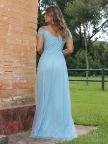Elegant Off-The-Shoulder Long Dress Without Shine - Baby Blue - View 4