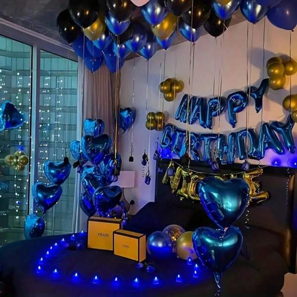 58pcs/Set 16-Inch Blue Letter Balloons, Heart Balloons For Birthday Party Decorations, Valentine's Day, English Birthday Banner Backdrops, Romantic Couples Birthday, Wedding, Anniversary Celebration Balloons