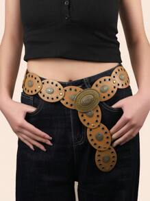 1 buc Accesorii retro în stil stradal pentru femei: Curea metalică ovală cu inele ovale, în stil boem occidental, puternic împodobită, curea vintage cu cataramă sexy și nituri, accesoriu vestimentar la modă pentru purtare zilnică vară, școală toamnă, toamnă, Halloween
