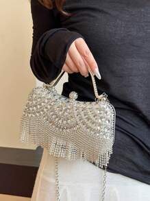 1 geantă nouă de seară cu stras din cristal, clutch cu sclipici cu ciucuri, accesoriu rochie de mireasă de mireasă, geantă de mână cu curea de lanț metalic, cadou pentru femei