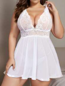 Women Plus Size Babydoll Sexy Lingerie Lace Chemise Mesh Sleepwear - White - View 1