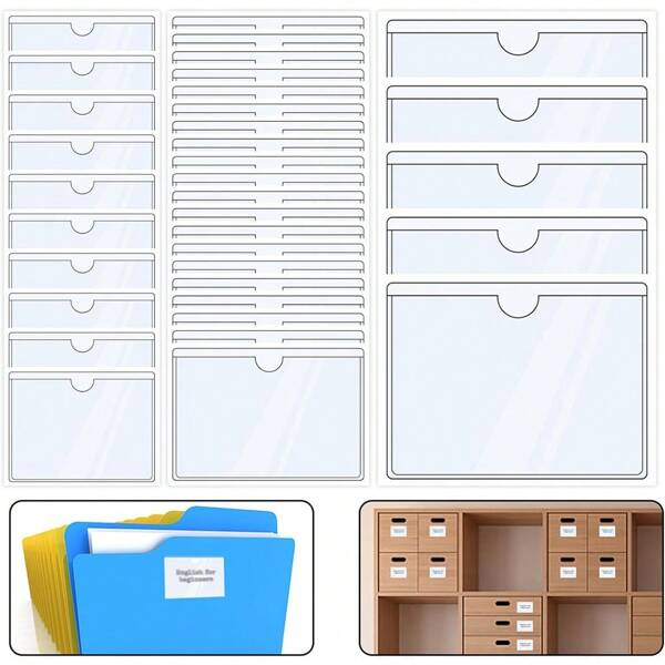35pcs Self-Adhesive Label Set, Including: 20pcs 6cm X 10cm Horizontal, 10pcs 5cm X 7cm Horizontal, 5pcs 9.5cm X 13.5cm Horizontal, Self-Adhesive Label Holders, 3 Sizes Of Clear Name Card Sleeves, Waterproof For Home/Office/School/Parking Card