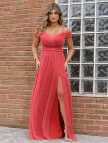 Elegant Off-The-Shoulder Long Dress Without Shine - Burnt Orange - View 1