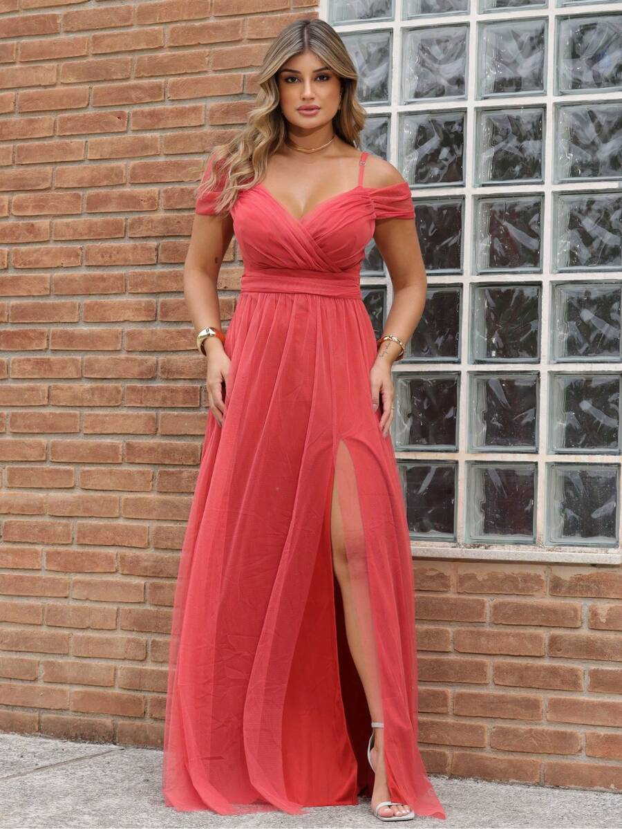Elegant Off-The-Shoulder Long Dress Without Shine - Burnt Orange - View 1