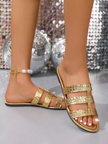 Women's Gold Flat Sandals, Summer New High-End Gladiator Sandals, Animal Print Design, Charming, Fashionable And Comfortable, Cool Party Style Women's Shoes Suitable For Outdoor Play,Sparkly Sandals,Suitable For Vacation And Beach Fun Gold Flat Slippers,Crocodile Pattern