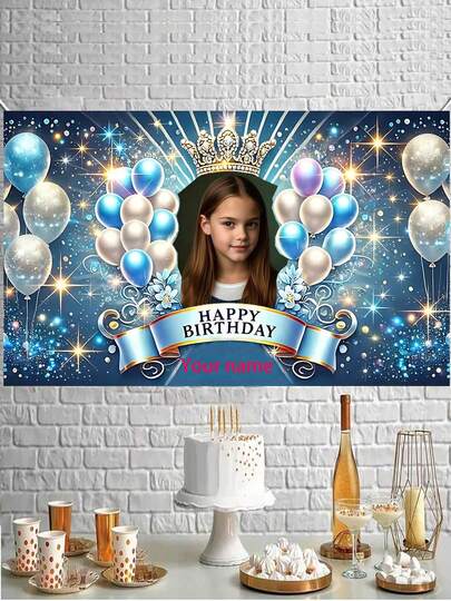 1 pieza Tela personalizada de fondo para fiesta de cumpleaños - Para celebraciones, aniversarios, decoración de jardín, pancartas de feliz cumpleaños, retrato personalizado, nombre, decoración de fiesta de cumpleaños, tema de princesa y femenino, corona, rosas, globos, mesa de pastel, esquema de color azul, accesorios para fotomatón, fondo personalizado privado, impresión gráfica