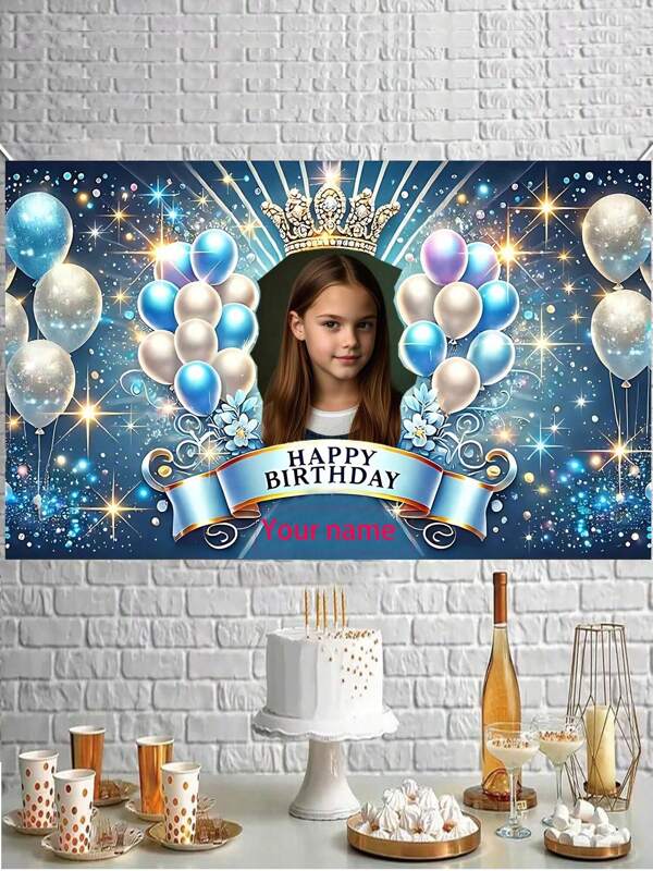 1 Stück Bedruckte Geburtstags-Party Hintergrundplane - für Feiern, Jahrestage, Garten Dekoration, Geburtstags-Banner mit Aufschrift, personalisiertes Portrait, Name, Geburtstagsdekoration, Prinzessin & Feminines Thema, Krone, Rosen, Ballons, Kuchentisch, Blaues Farbschema, Fotokabinen Requisiten, Private Individuelle Hintergrundplane