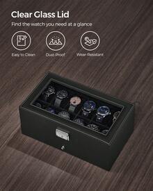 SONGMICS Watch Box, Watch Case With Glass Lid, 2-Tier Watch Display Case For 12 Watches, Lockable, 1 Drawer, For Rings, Bracelets, Gift Idea, Black Synthetic Leather, Black Lining - Black - View 3