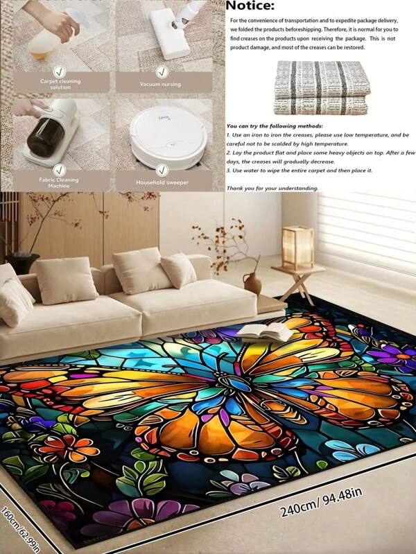 Bright Stained Glass Butterfly & Flower Carpet Mat - Art Decor Thick And Soft Floor Protector Machine Washable Anti-Slip Anti-Fouling Flame Retardant Folding Rugfor Living Room