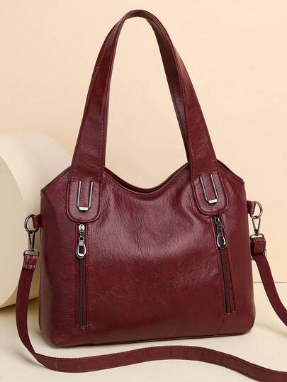 Fashionable Solid Color Leather Handbag, Vintage PU Crossbody Satchel Bag, Front & Back Zipper Pockets, Large Capacity Women Shoulder Bag For Daily, Work Commute