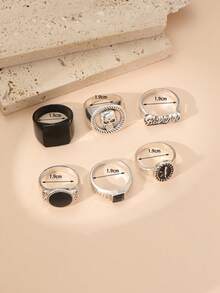 6pcs Set Stylish Street Punk Skull & Letter Design Rings, Men Casual Everyday Wear - Black - View 7