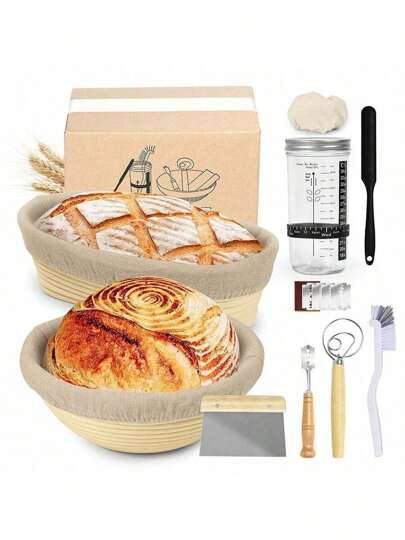9" Round & 9.8" Oval Bread Proofing Baskets, Glass Jar, Dough Scraper, Cleaning Brush, Liner, Lame, Mixer, Bread Proofing Set, Baking Supplies, Kitchen Accessories