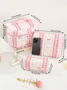 1 Piece Plaid Lace Quilted Pink Zipper Bag Sweet Style Large Capacity Bow&Love Portable Zipper Makeup Bags Fashionable Portable Makeup Bag, Multi-Functional Storage Bag For Lipstick, Sanitary Napkin, Coins, Keys Etc Women Skincare Organizer Bag Print Flower Makeup Organizer Storage Bag Graduation
