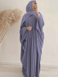 1set Women Long Abaya Dress With Matching Headscarf, Batwing Sleeve