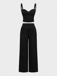 2pcs Set Business Commuting Pin Stripe Camisole Top + High Grade Draping Wide Leg Loose Casual Pants For Women - Black - View 2