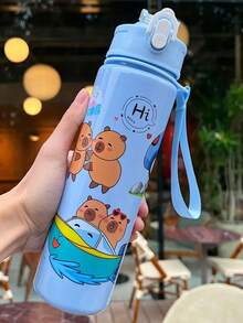 1 pieza Botella de agua con diseño de capibara de dibujos animados y pajita para niños pequeños y niños, botella de agua deportiva portátil a prueba de fugas y derrames de 800ml, adecuada para exteriores, viajes y escuela - Multicolor - Ver 13