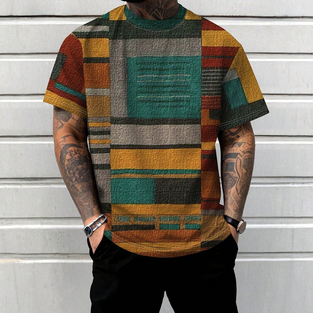 Camiseta de manga corta de cuello redondo de talla grande para hombres con estampado de retazos