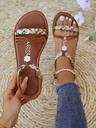 女士复古串珠凉鞋，平纹编织休闲户外拖鞋