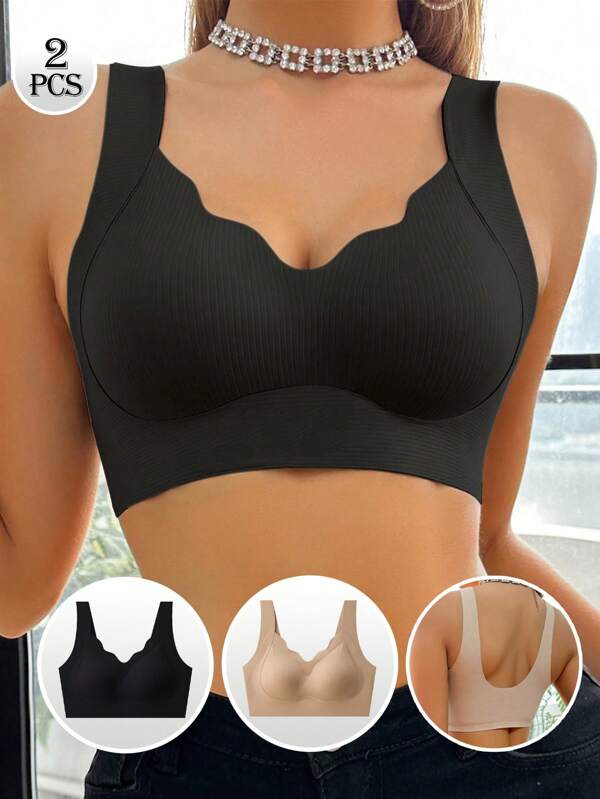 2 piezas Sostén y camiseta adherente sin costuras cómoda y transpirable con tirantes anchos en color nude