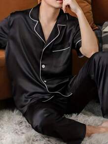 Plus Size Men's Summer Pajama Set - Casual V-Neck Short Sleeve Button-Up Top And Long Pants, Breathable Polyester, Machine Washable, Plus Size