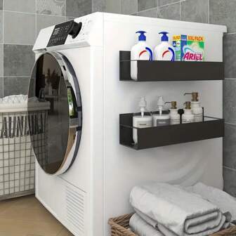 1/2 件磁性侧储物架，适用于冰箱和洗衣机 - 无需钻孔，时尚黑色金属表面，壁挂式香料收纳架，非常适合洗衣必需品，包括挂钩