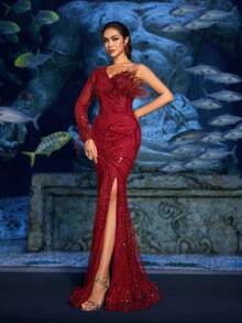 Faeriesty Haute Glamour Enchanting Sequined Mermaid Gown With High Slit & Intricate Beading - Fantasy Dress For Aquatic Banquets, Red Carpet Events, Marine-Themed Weddings & Luxury Photoshoots - Red - View 7