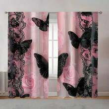 2 pièces Rideaux décoratifs élégants à motif floral rose et papillon noir en dentelle, impression numérique haute définition, matériau en polyester translucide, résistant à la décoloration. Convient pour les rideaux de maison, les rideaux de maison. Lavable à la main et à la machine, suspension par poche à tringle, convient pour la décoration de la chambre et du salon, rideaux de décoration intérieure. - Multicolore - Voir 7