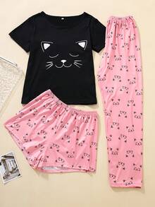 Cartoon Cat Print Cute And Fashionable Pajamas Suitable For Summer - Black - View 1