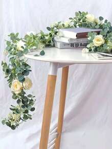 1pc Artificial Eucalyptus Garland With Flowers, White Roses Baby Breath Garland Floral Greenery Garland For Wedding Party Centerpiece Table Runner Backdrop Wall Decor Decoration Gifts Birthday Graduation