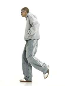 Y2K Men's Fashionable Baggy Vintage Jeans Loose Fit Denim Pants With Stripes On The Side Relaxed Skateboard Denim - 淺藍色 - 查看 6