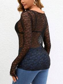 Blusa interior negra con mangas largas de encaje semitransparente de estilo camiseta delgada para mujeres, cuello en forma de A, camiseta interior sexy de tul calado y ajustada, top interior elegante y de moda con jacquard - Negro - Ver 2