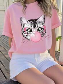 Tween Girl Casual Fun Print Round Neck Short Sleeve T-Shirt, Summer Top