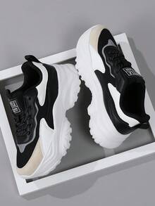 2025 Women's Fashion Color Block Platform Chunky Sneakers, With Breathable Mesh Upper And EVA Sole, Lace-Up Low-Top Casual Elevator Shoes, In Black/Grey/Beige/White - Multicolor - View 4