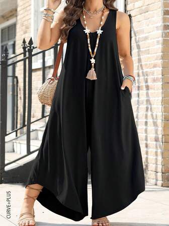 Plus Size Dam V-hals Asymmetrisk Hem Jumpsuit