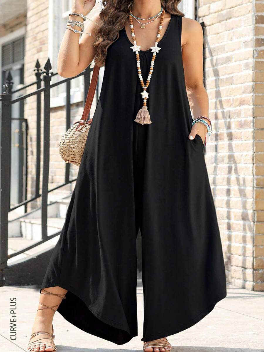 Plus Size Women V-Neck Asymmetrical Hem Jumpsuit