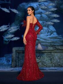 Faeriesty Haute Glamour Enchanting Sequined Mermaid Gown With High Slit & Intricate Beading - Fantasy Dress For Aquatic Banquets, Red Carpet Events, Marine-Themed Weddings & Luxury Photoshoots - Red - View 3