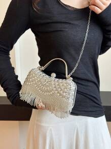 1 geantă nouă de seară cu stras din cristal, clutch cu sclipici cu ciucuri, accesoriu rochie de mireasă de mireasă, geantă de mână cu curea de lanț metalic, cadou pentru femei