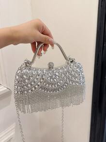 1 geantă nouă de seară cu stras din cristal, clutch cu sclipici cu ciucuri, accesoriu rochie de mireasă de mireasă, geantă de mână cu curea de lanț metalic, cadou pentru femei
