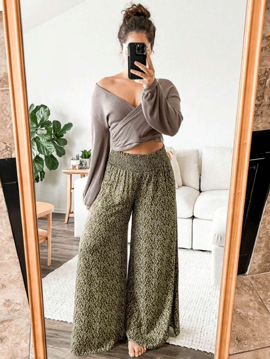 Ditsy Floral Loose Waist Drawstring Casual Pants - Multicolor - View 1