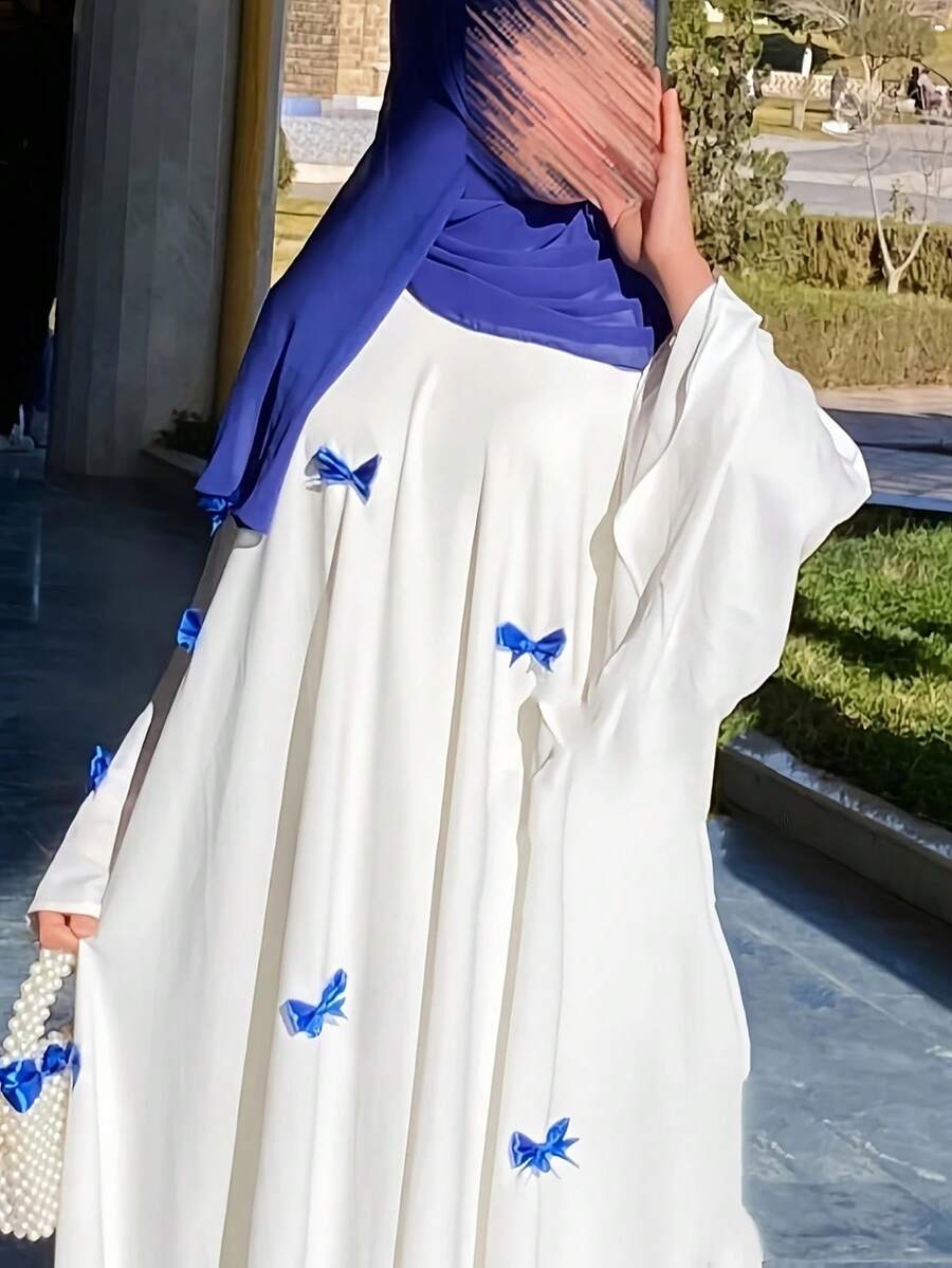 圆领蝴蝶结装饰阿巴亚长袍，端庄大方 - 藍色 - 查看 1
