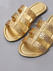Women's Gold Flat Sandals, Summer New High-End Gladiator Sandals, Animal Print Design, Charming, Fashionable And Comfortable, Cool Party Style Women's Shoes Suitable For Outdoor Play,Sparkly Sandals,Suitable For Vacation And Beach Fun Gold Flat Slippers,Crocodile Pattern