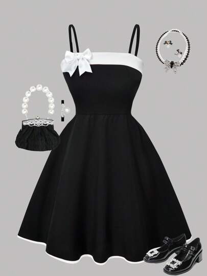 Vestido elegante y de moda para niñas, un vestido simple y clásico con bloques de color negro y blanco, con tirantes y lazo en el hombro, adecuado para cumpleaños, fiestas, viajes diarios al aire libre, y también puede ser dado como regalo a los niños