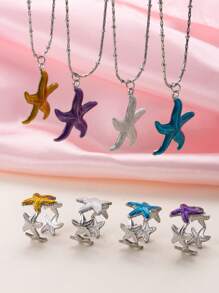 2pcs Bohemian Dopamine Y2k Stainless Steel Blue Starfish Ladies Necklace Ring Set For Men And Women Daily Wear Holiday Dating Gift Jewelry Summer Beach Vacation Men And Women Jewelry Set