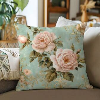 1pc Rococo Pink Floral Vintage Printed Single Sided Decorative Throw Pillow Case, 17.7*17.7in, Home Decor Cushion Cover For Living Room Sofa Bedroom, Party Decoration Gift