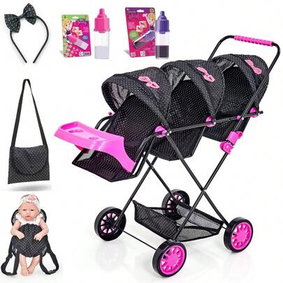 Carrinho de Boneca Gêmeos Unissex Sag Toys Menina Reborn Baby Bebê Acessórios de Boneca 79cm