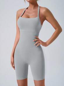NcmRyu 1 Set Solid Color Women High Elasticity Ribbed Yoga Romper Sleeveless Quick Dry Sweat Wicking Athletic Unitard Perfect For Fitness Yoga Fitness Clothing Modern Athletic Look Seamless Construction Summer Conjunto Deportivo Mujer - Xám - Xem 2