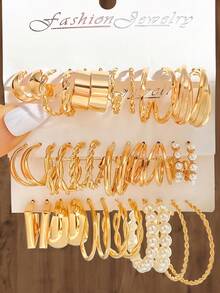 36pcs New Minimalist C-Ring Pearl Earring Set Combination - Yellow Gold - View 1