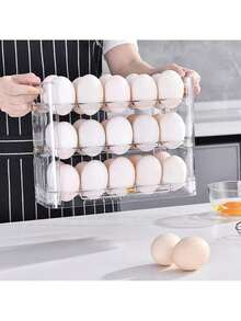 Caja de almacenamiento de huevos de tres capas, almacenamiento de conservación en la puerta lateral del refrigerador, rejilla transparente para huevos de cocina - transparente - Ver 2
