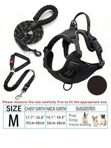 狗背带，带 2 个皮带扣的防拉宠物背带，可调节软垫背心，带控制手柄和汽车安全带环（可选）的反光防窒息牛津背心 - 包括免费的重型 5 英尺皮带