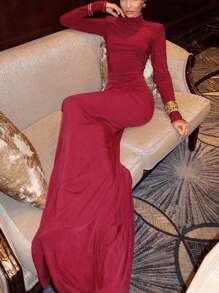 Women's High Neck Long Sleeve Padded Shoulder Ruched Fishtail Dress, Evening Gown